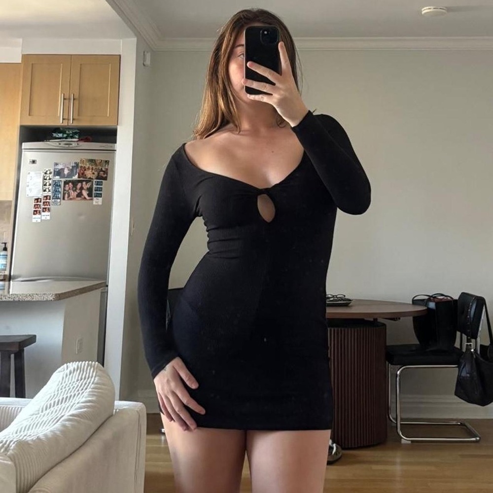 Black Long-Sleeve Mini Dress with Front Keyhole